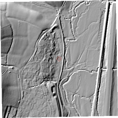 Shaded relief map of the ground around EX151XW, computed from Environment Agency LiDAR. The ground here sits at about 55 m above sea level and falls 26 m across the surrounding 800 m. Surface water reaching this point runs off ground lying to the west, 9.1 m higher.