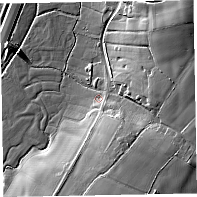 Shaded relief map of the ground around EX151YA, computed from Environment Agency LiDAR. The ground here sits at about 46 m above sea level and falls 32 m across the surrounding 800 m. Surface water reaching this point runs off ground lying to the south-east, 11.6 m higher.