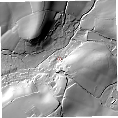 Shaded relief map of the ground around EX152AD, computed from Environment Agency LiDAR. The ground here sits at about 92 m above sea level and falls 42 m across the surrounding 800 m. Surface water reaching this point runs off ground lying to the south-east, 22.2 m higher.