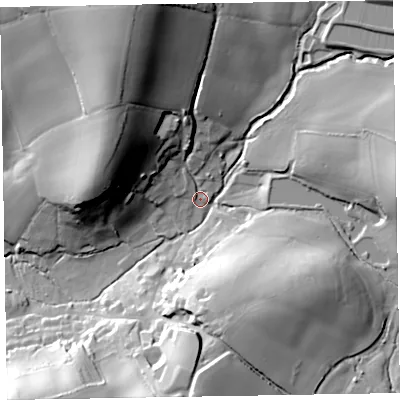 Shaded relief map of the ground around EX152AE, computed from Environment Agency LiDAR. The ground here sits at about 90 m above sea level and falls 42 m across the surrounding 800 m. Surface water reaching this point runs off ground lying to the north-north-west, 36.9 m higher.