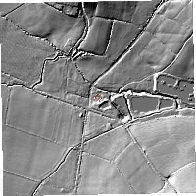 Shaded relief map of the ground around EX152AS, computed from Environment Agency LiDAR. The ground here sits at about 75 m above sea level and falls 32 m across the surrounding 800 m. Surface water reaching this point runs off ground lying to the south-east, 3.6 m higher.