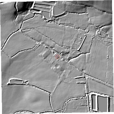Shaded relief map of the ground around EX152AU, computed from Environment Agency LiDAR. The ground here sits at about 64 m above sea level and falls 21 m across the surrounding 800 m. Surface water reaching this point runs off ground lying to the south-east, 6.1 m higher.