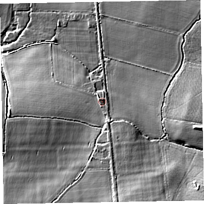 Shaded relief map of the ground around EX152AX, computed from Environment Agency LiDAR. The ground here sits at about 75 m above sea level and falls 25 m across the surrounding 800 m. Surface water reaching this point runs off ground lying to the south-south-east, 3.2 m higher.
