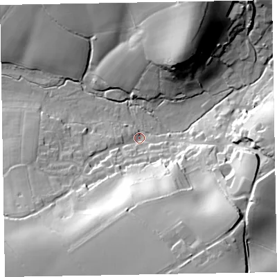 Shaded relief map of the ground around EX152BH, computed from Environment Agency LiDAR. The ground here sits at about 86 m above sea level and falls 46 m across the surrounding 800 m. Surface water reaching this point runs off ground lying to the south-south-east, 39.3 m higher.