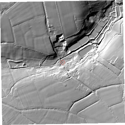 Shaded relief map of the ground around EX152ED, computed from Environment Agency LiDAR. The ground here sits at about 93 m above sea level and falls 29 m across the surrounding 800 m. Surface water reaching this point runs off ground lying to the north-north-east, 24.2 m higher.