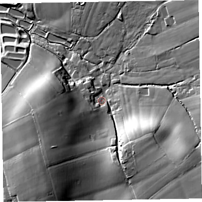 Shaded relief map of the ground around EX152EJ, computed from Environment Agency LiDAR. The ground here sits at about 115 m above sea level and falls 36 m across the surrounding 800 m. Surface water reaching this point runs off ground lying to the south-east, 19.9 m higher.