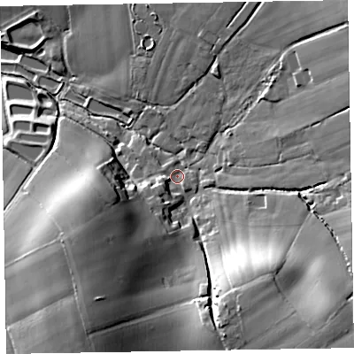 Shaded relief map of the ground around EX152EW, computed from Environment Agency LiDAR. The ground here sits at about 112 m above sea level and falls 36 m across the surrounding 800 m. Surface water reaching this point runs off ground lying to the south-east, 26.3 m higher.