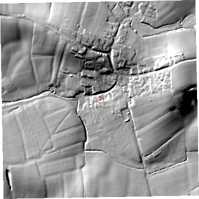 Shaded relief map of the ground around EX152JR, computed from Environment Agency LiDAR. The ground here sits at about 54 m above sea level and falls 34 m across the surrounding 800 m. Surface water reaching this point runs off ground lying to the east, 27.8 m higher.