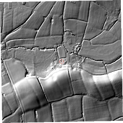 Shaded relief map of the ground around EX152JW, computed from Environment Agency LiDAR. The ground here sits at about 54 m above sea level and falls 14 m across the surrounding 800 m. Surface water reaching this point runs off ground lying to the south, 12.1 m higher.