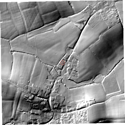 Shaded relief map of the ground around EX152JY, computed from Environment Agency LiDAR. The ground here sits at about 62 m above sea level and falls 34 m across the surrounding 800 m. Surface water reaching this point runs off ground lying to the north-east, 20.2 m higher.