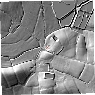 Shaded relief map of the ground around EX152LR, computed from Environment Agency LiDAR. The ground here sits at about 59 m above sea level and falls 22 m across the surrounding 800 m. Surface water reaching this point runs off ground lying to the east, 6.6 m higher.