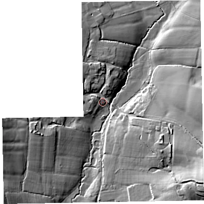 Shaded relief map of the ground around EX152ND, computed from Environment Agency LiDAR. The ground here sits at about 38 m above sea level and falls 17 m across the surrounding 800 m. Surface water reaching this point runs off ground lying to the north-north-west, 7.1 m higher.