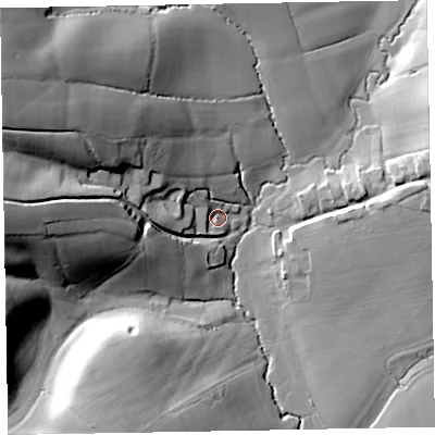 Shaded relief map of the ground around EX152NW, computed from Environment Agency LiDAR. The ground here sits at about 34 m above sea level and falls 44 m across the surrounding 800 m. Surface water reaching this point runs off ground lying to the west-north-west, 30.3 m higher.
