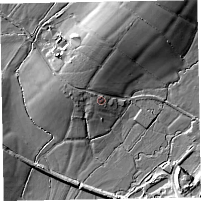 Shaded relief map of the ground around EX152QF, computed from Environment Agency LiDAR. The ground here sits at about 68 m above sea level and falls 15 m across the surrounding 800 m. Surface water reaching this point runs off ground lying to the north-north-east, 8.1 m higher.
