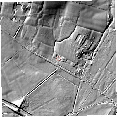 Shaded relief map of the ground around EX152QQ, computed from Environment Agency LiDAR. The ground here sits at about 66 m above sea level and falls 18 m across the surrounding 800 m. Surface water reaching this point runs off ground lying to the north-north-west, 15.6 m higher.