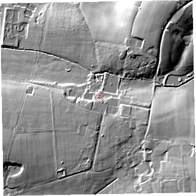 Shaded relief map of the ground around EX152QY, computed from Environment Agency LiDAR. The ground here sits at about 82 m above sea level and falls 34 m across the surrounding 800 m. Surface water reaching this point runs off ground lying to the south-south-east, 3.6 m higher.