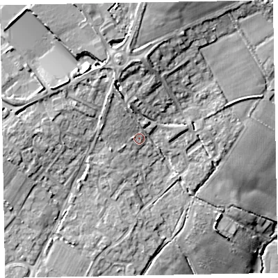 Shaded relief map of the ground around EX152TQ, computed from Environment Agency LiDAR. The ground here sits at about 76 m above sea level and falls 20 m across the surrounding 800 m. Surface water reaching this point runs off ground lying to the north-north-west, 6.8 m higher.