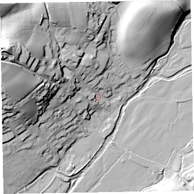 Shaded relief map of the ground around EX153AP, computed from Environment Agency LiDAR. The ground here sits at about 84 m above sea level and falls 56 m across the surrounding 800 m. Surface water reaching this point runs off ground lying to the west-north-west, 29.5 m higher.