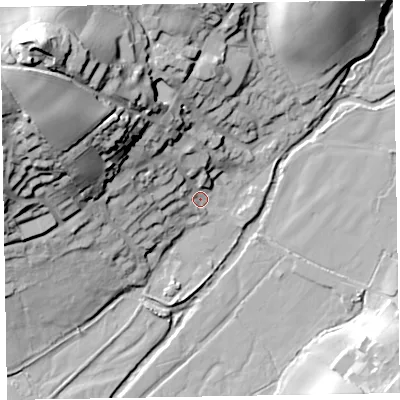 Shaded relief map of the ground around EX153AX, computed from Environment Agency LiDAR. The ground here sits at about 81 m above sea level and falls 56 m across the surrounding 800 m. Surface water reaching this point runs off ground lying to the north-west, 51.8 m higher.