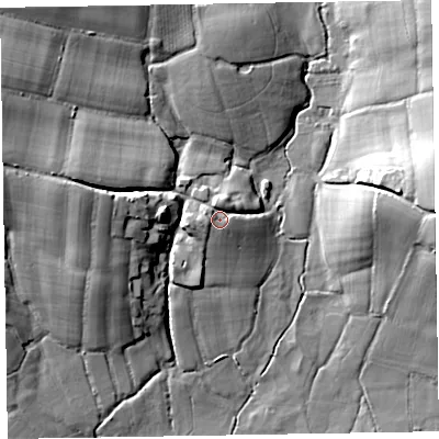 Shaded relief map of the ground around EX153BA, computed from Environment Agency LiDAR. The ground here sits at about 104 m above sea level and falls 25 m across the surrounding 800 m. Surface water reaching this point runs off ground lying to the north, 3.1 m higher.