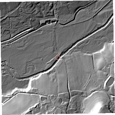 Shaded relief map of the ground around EX153DB, computed from Environment Agency LiDAR. The ground here sits at about 76 m above sea level and falls 38 m across the surrounding 800 m. Surface water reaching this point runs off ground lying to the south-east, 37.1 m higher.
