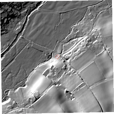 Shaded relief map of the ground around EX153DP, computed from Environment Agency LiDAR. The ground here sits at about 82 m above sea level and falls 43 m across the surrounding 800 m. Surface water reaching this point runs off ground lying to the south-east, 39.1 m higher.