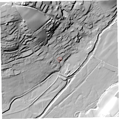 Shaded relief map of the ground around EX153DZ, computed from Environment Agency LiDAR. The ground here sits at about 84 m above sea level and falls 54 m across the surrounding 800 m. Surface water reaching this point runs off ground lying to the north-west, 42.2 m higher.