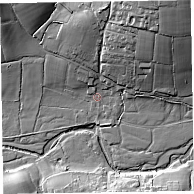 Shaded relief map of the ground around EX153HA, computed from Environment Agency LiDAR. The ground here sits at about 99 m above sea level and falls 40 m across the surrounding 800 m. Surface water reaching this point runs off ground lying to the north-east, 34.2 m higher.