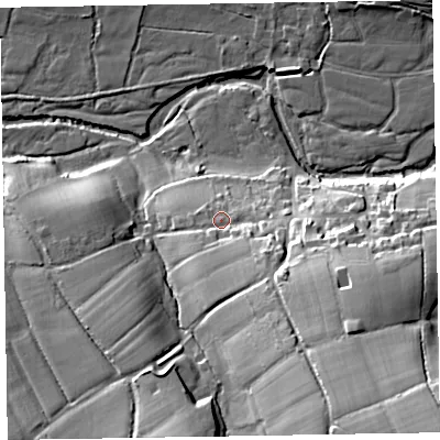 Shaded relief map of the ground around EX153JE, computed from Environment Agency LiDAR. The ground here sits at about 106 m above sea level and falls 41 m across the surrounding 800 m. Surface water reaching this point runs off ground lying to the south-south-east, 9.3 m higher.