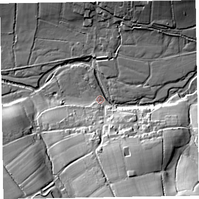 Shaded relief map of the ground around EX153JH, computed from Environment Agency LiDAR. The ground here sits at about 99 m above sea level and falls 34 m across the surrounding 800 m. Surface water reaching this point runs off ground lying to the south-south-east, 30.2 m higher.