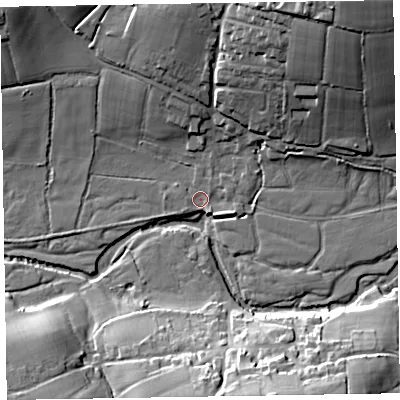 Shaded relief map of the ground around EX153JJ, computed from Environment Agency LiDAR. The ground here sits at about 98 m above sea level and falls 35 m across the surrounding 800 m. Surface water reaching this point runs off ground lying to the north-east, 28.5 m higher.