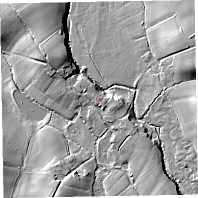 Shaded relief map of the ground around EX153LL, computed from Environment Agency LiDAR. The ground here sits at about 102 m above sea level and falls 18 m across the surrounding 800 m. Surface water reaching this point runs off ground lying to the south-south-west, 2.5 m higher.
