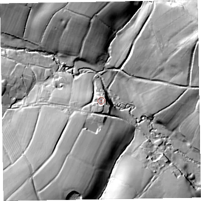 Shaded relief map of the ground around EX153LX, computed from Environment Agency LiDAR. The ground here sits at about 122 m above sea level and falls 45 m across the surrounding 800 m. Surface water reaching this point runs off ground lying to the south-south-west, 5.7 m higher.