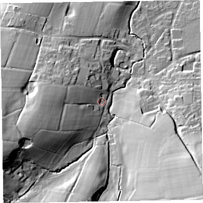 Shaded relief map of the ground around EX153RQ, computed from Environment Agency LiDAR. The ground here sits at about 143 m above sea level and falls 49 m across the surrounding 800 m. Surface water reaching this point runs off ground lying to the west-south-west, 26.3 m higher.