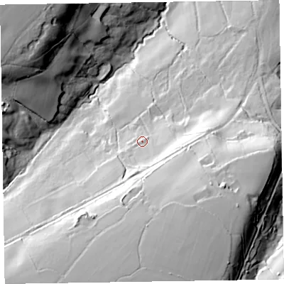 Shaded relief map of the ground around EX153RU, computed from Environment Agency LiDAR. The ground here sits at about 205 m above sea level and falls 74 m across the surrounding 800 m. Surface water reaching this point runs off ground lying to the south-south-west, 37.6 m higher.
