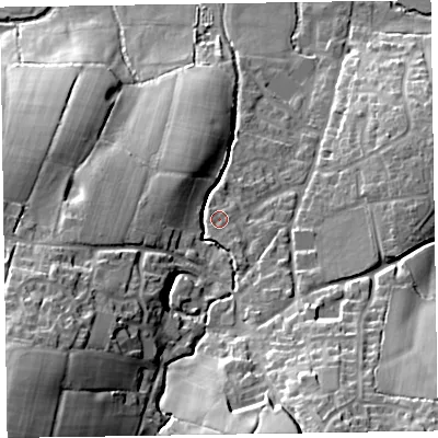 Shaded relief map of the ground around EX153RZ, computed from Environment Agency LiDAR. The ground here sits at about 133 m above sea level and falls 47 m across the surrounding 800 m. Surface water reaching this point runs off ground lying to the south-south-west, 1.5 m higher.