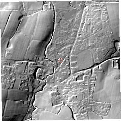 Shaded relief map of the ground around EX153SA, computed from Environment Agency LiDAR. The ground here sits at about 134 m above sea level and falls 39 m across the surrounding 800 m. Surface water reaching this point runs off ground lying to the south, 5.0 m higher.