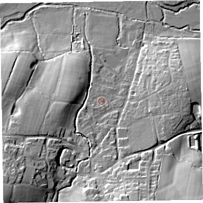 Shaded relief map of the ground around EX153SB, computed from Environment Agency LiDAR. The ground here sits at about 130 m above sea level and falls 39 m across the surrounding 800 m. Surface water reaching this point runs off ground lying to the south-west, 4.6 m higher.