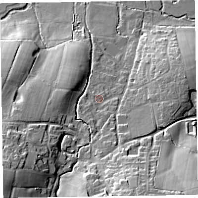 Shaded relief map of the ground around EX153SD, computed from Environment Agency LiDAR. The ground here sits at about 131 m above sea level and falls 41 m across the surrounding 800 m. Surface water reaching this point runs off ground lying to the south-south-west, 5.6 m higher.