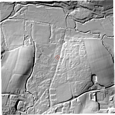 Shaded relief map of the ground around EX153SE, computed from Environment Agency LiDAR. The ground here sits at about 127 m above sea level and falls 30 m across the surrounding 800 m. Surface water reaching this point runs off ground lying to the east-south-east, 9.7 m higher.