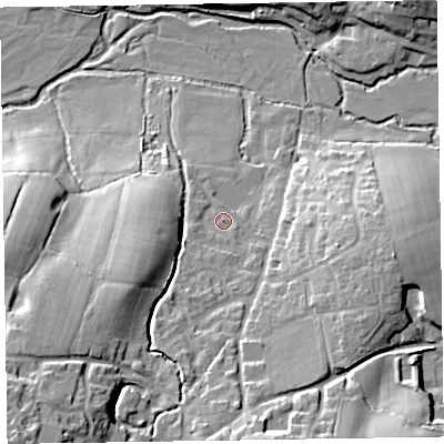 Shaded relief map of the ground around EX153SG, computed from Environment Agency LiDAR. The ground here sits at about 127 m above sea level and falls 35 m across the surrounding 800 m. Surface water reaching this point runs off ground lying to the south, 15.3 m higher.