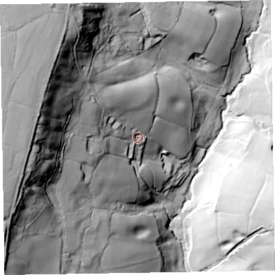 Shaded relief map of the ground around EX153SU, computed from Environment Agency LiDAR. The ground here sits at about 179 m above sea level and falls 100 m across the surrounding 800 m. Surface water reaching this point runs off ground lying to the west-north-west, 67.2 m higher.
