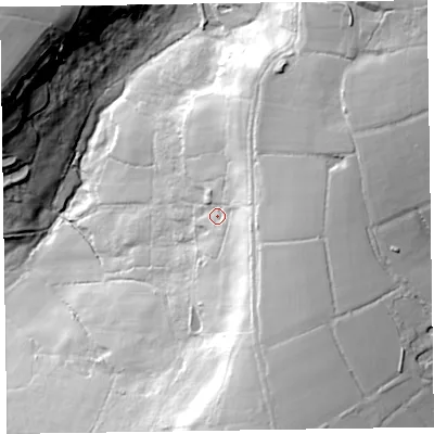 Shaded relief map of the ground around EX153TH, computed from Environment Agency LiDAR. The ground here sits at about 218 m above sea level and falls 65 m across the surrounding 800 m. Surface water reaching this point runs off ground lying to the east, 24.1 m higher.