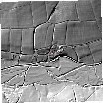 Shaded relief map of the ground around EX153UQ, computed from Environment Agency LiDAR. The ground here sits at about 120 m above sea level and falls 37 m across the surrounding 800 m. Surface water reaching this point runs off ground lying to the north-north-east, 27.4 m higher.
