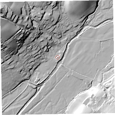 Shaded relief map of the ground around EX153XG, computed from Environment Agency LiDAR. The ground here sits at about 80 m above sea level and falls 55 m across the surrounding 800 m. Surface water reaching this point runs off ground lying to the north-west, 32.1 m higher.