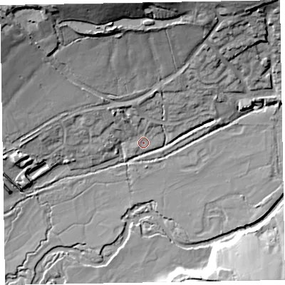 Shaded relief map of the ground around EX153XX, computed from Environment Agency LiDAR. The ground here sits at about 74 m above sea level and falls 26 m across the surrounding 800 m. Surface water reaching this point runs off ground lying to the north-north-west, 4.5 m higher.