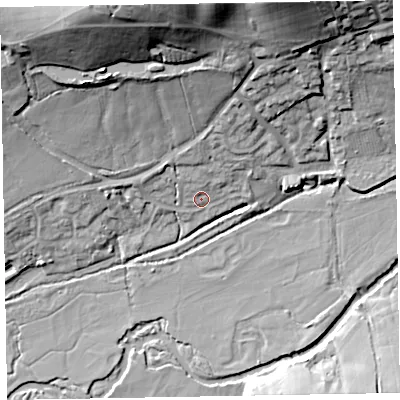 Shaded relief map of the ground around EX153XZ, computed from Environment Agency LiDAR. The ground here sits at about 76 m above sea level and falls 34 m across the surrounding 800 m. Surface water reaching this point runs off ground lying to the north-north-east, 9.7 m higher.