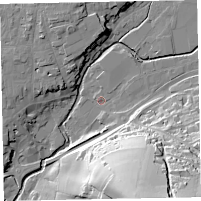 Shaded relief map of the ground around EX164BT, computed from Environment Agency LiDAR. The ground here sits at about 65 m above sea level and falls 75 m across the surrounding 800 m. Surface water reaching this point runs off ground lying to the south-south-east, 69.1 m higher.