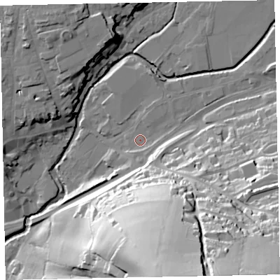 Shaded relief map of the ground around EX164BU, computed from Environment Agency LiDAR. The ground here sits at about 65 m above sea level and falls 77 m across the surrounding 800 m. Surface water reaching this point runs off ground lying to the south-south-east, 71.0 m higher.