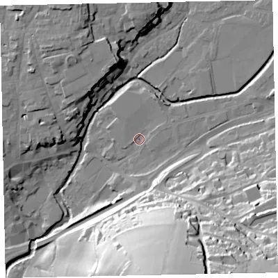 Shaded relief map of the ground around EX164BY, computed from Environment Agency LiDAR. The ground here sits at about 65 m above sea level and falls 66 m across the surrounding 800 m. Surface water reaching this point runs off ground lying to the north-north-east, 3.1 m higher.